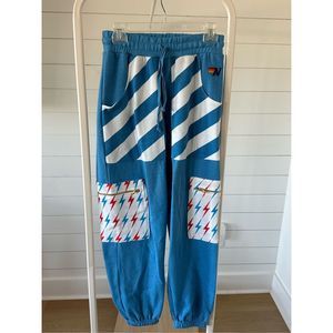 AVIATOR NATION PALM BOLT STRIPE CARGO COLOR BLOCK SWEATPANTS - OCEAN, NEON YELLO